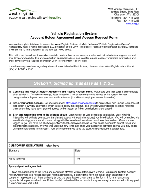 Vehicle Registration System Account Holder Agreement and Access Request Form - West Virginia Download Pdf
