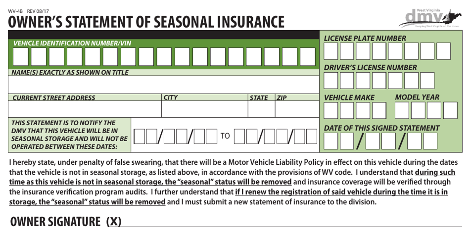 Form WV-4B Owners Statement of Seasonal Insurance - West Virginia, Page 1