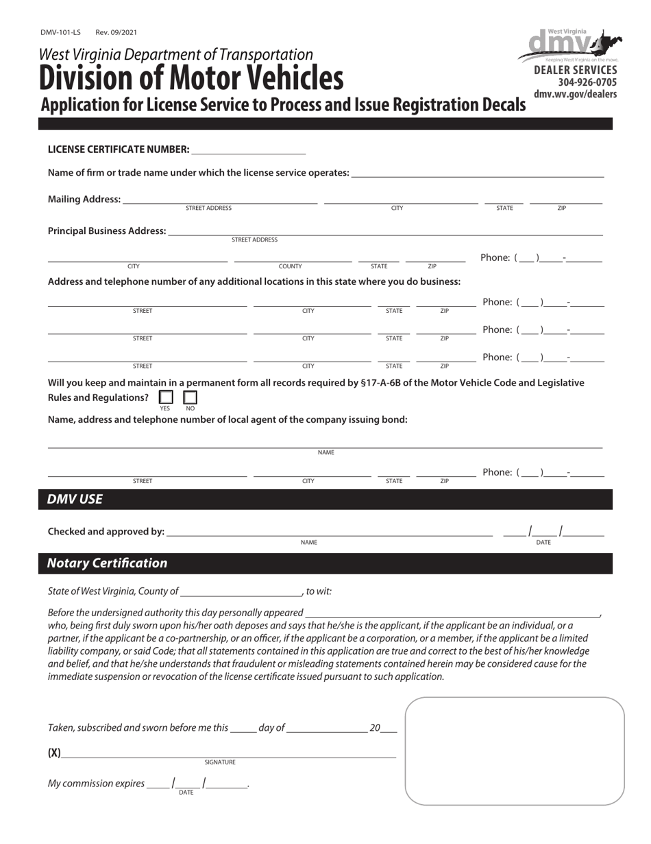 Form DMV-101-LS Application for License Service to Process and Issue Registration Decals - West Virginia, Page 1