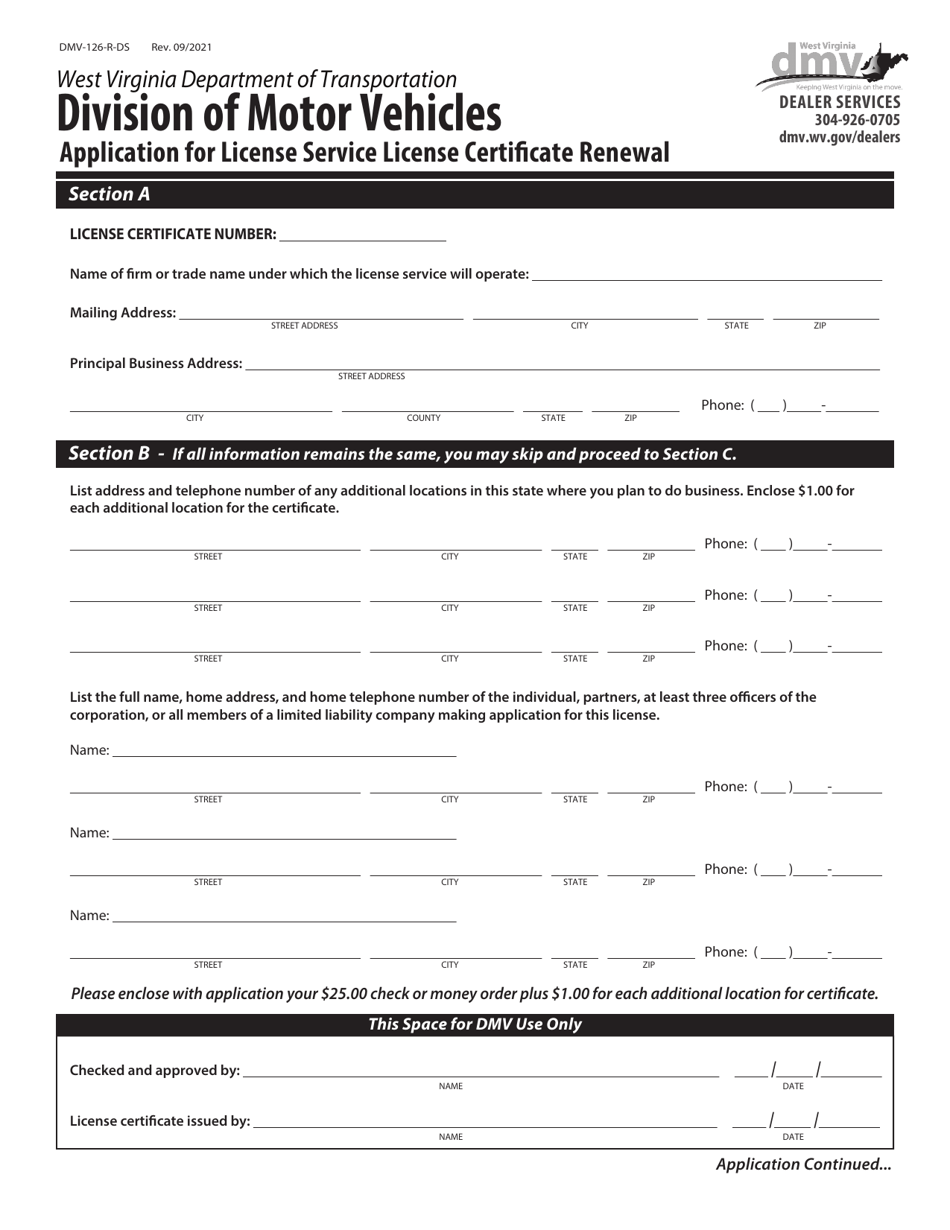 Form DMV-126-R-DS Application for License Service License Certificate Renewal - West Virginia, Page 1