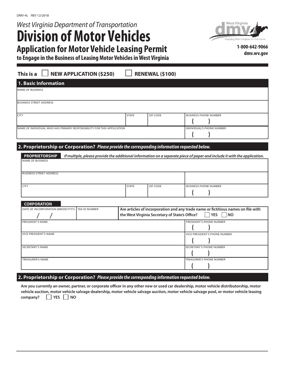 Form DMV-4L Application for Motor Vehicle Leasing Permit to Engage in the Business of Leasing Motor Vehicles in West Virginia - West Virginia, Page 1