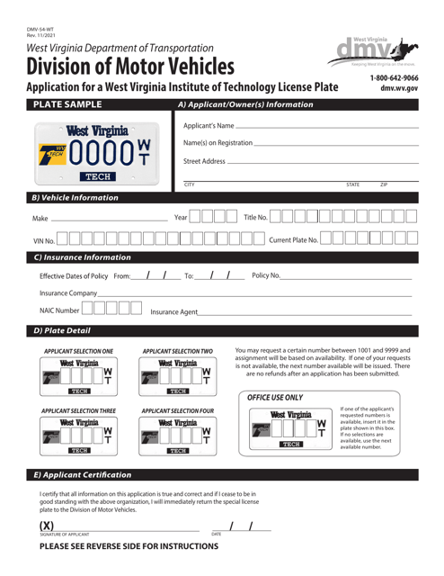 Form DMV-54-WT Application for a West Virginia Institute of Technology License Plate - West Virginia