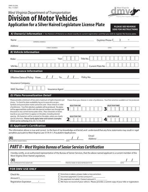 Form DMV-55-SHL Application for a Silver Haired Legislature License Plate - West Virginia