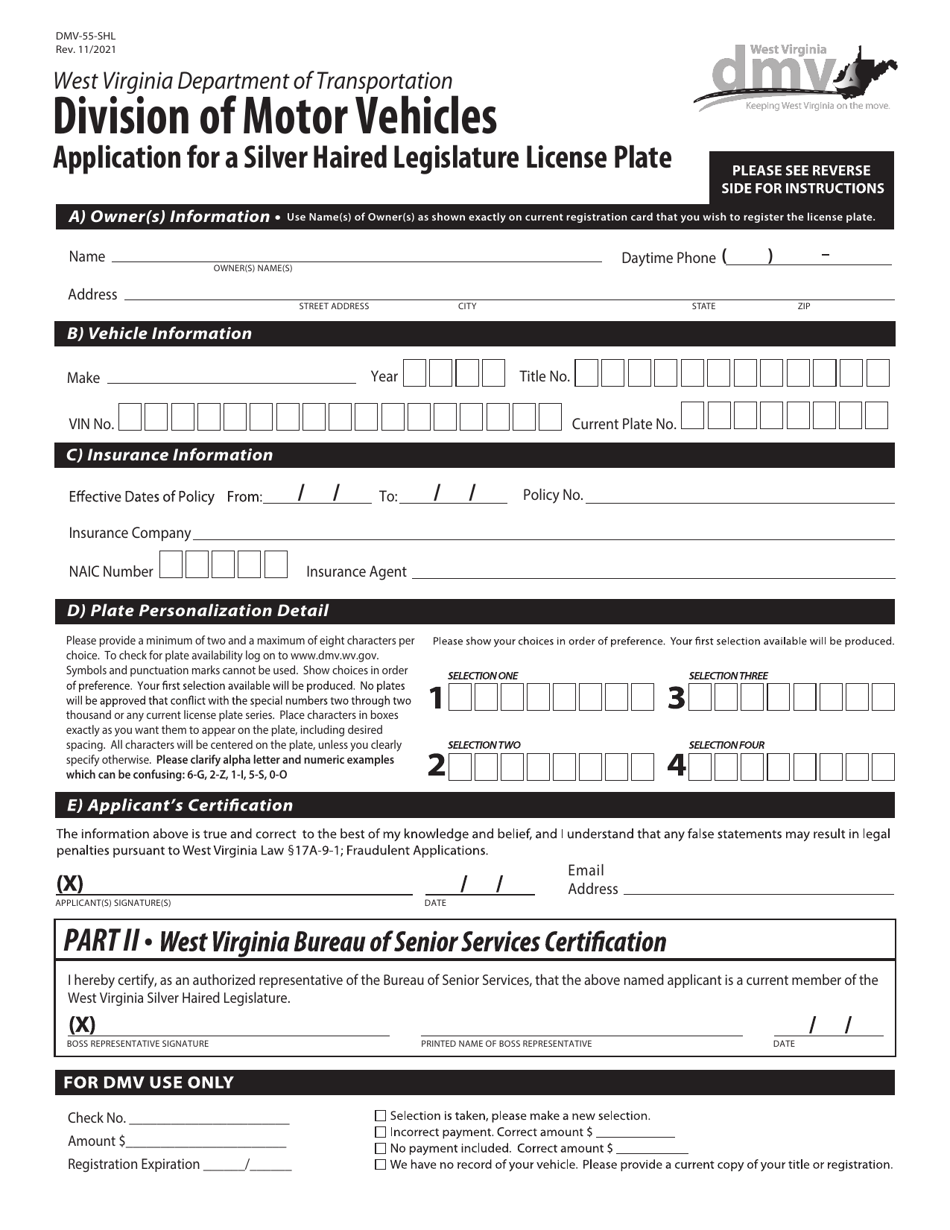 Form DMV-55-SHL Application for a Silver Haired Legislature License Plate - West Virginia, Page 1