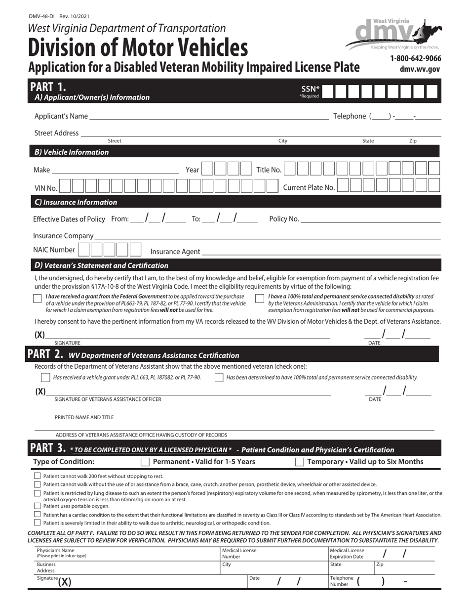 Form DMV-48-DI Application for a Disabled Veteran Mobility Impaired License Plate - West Virginia, Page 1