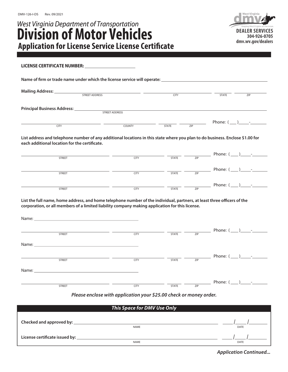 Form DMV-126-I-DS Application for License Service License Certificate - West Virginia, Page 1