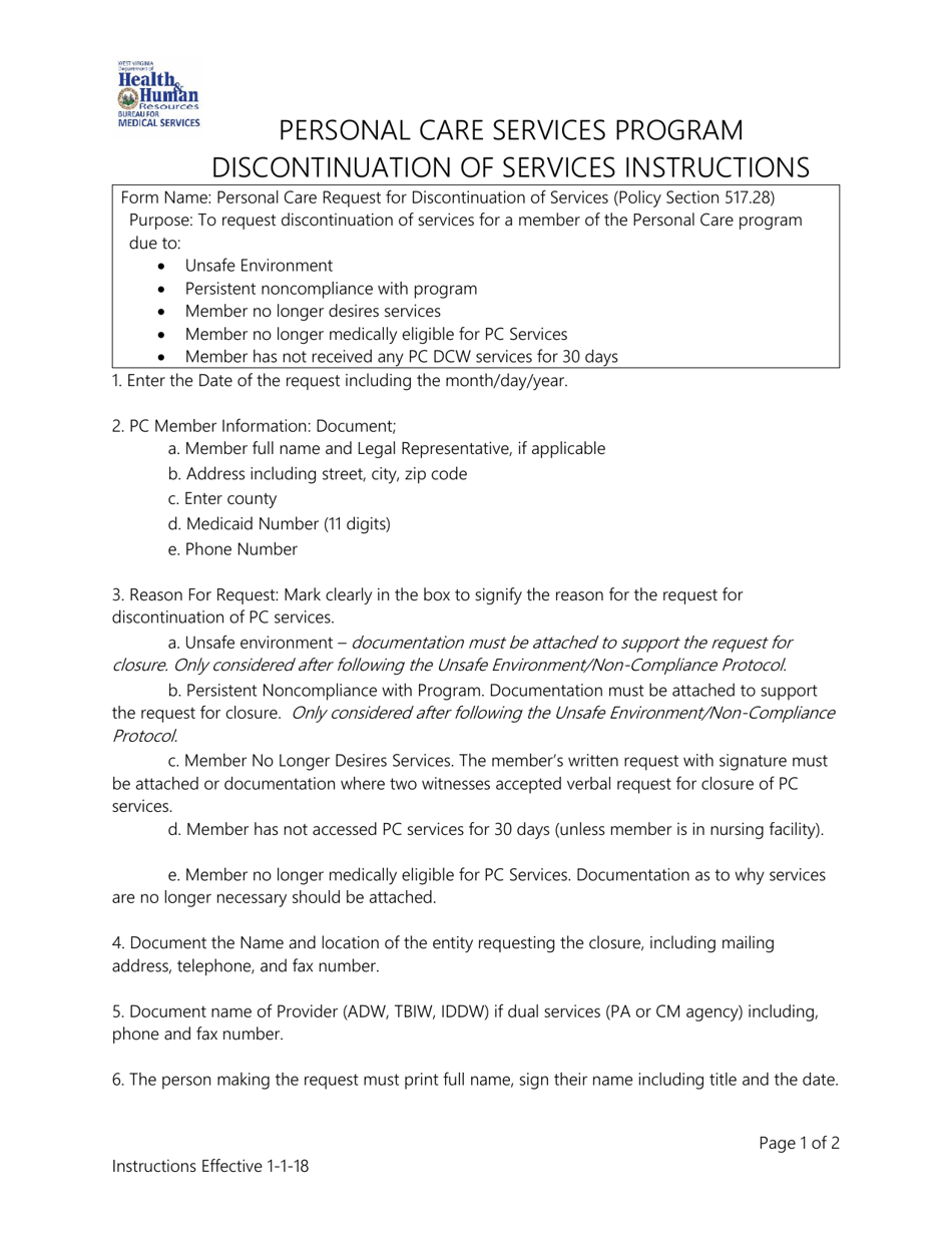Instructions for Discontinuation of Services Form - Personal Care Services Program - West Virginia, Page 1