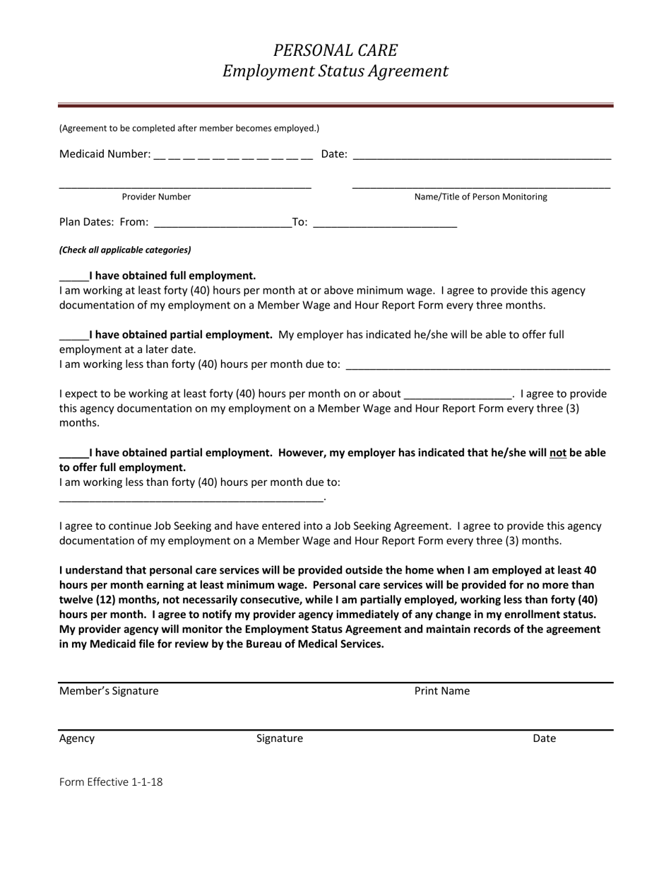 Personal Care Employment Status Agreement - West Virginia, Page 1