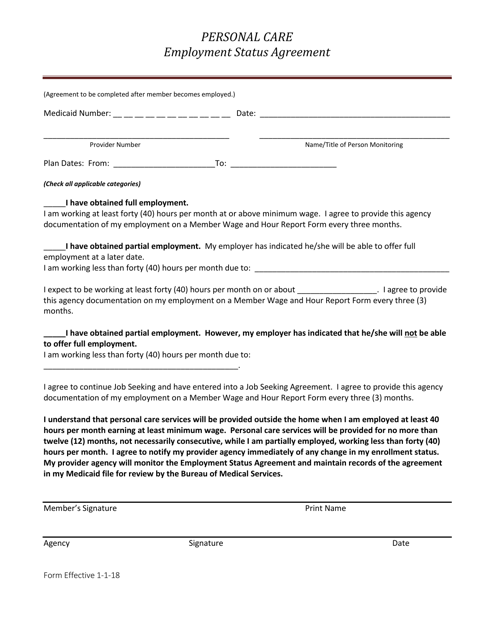 Personal Care Employment Status Agreement - West Virginia Download Pdf