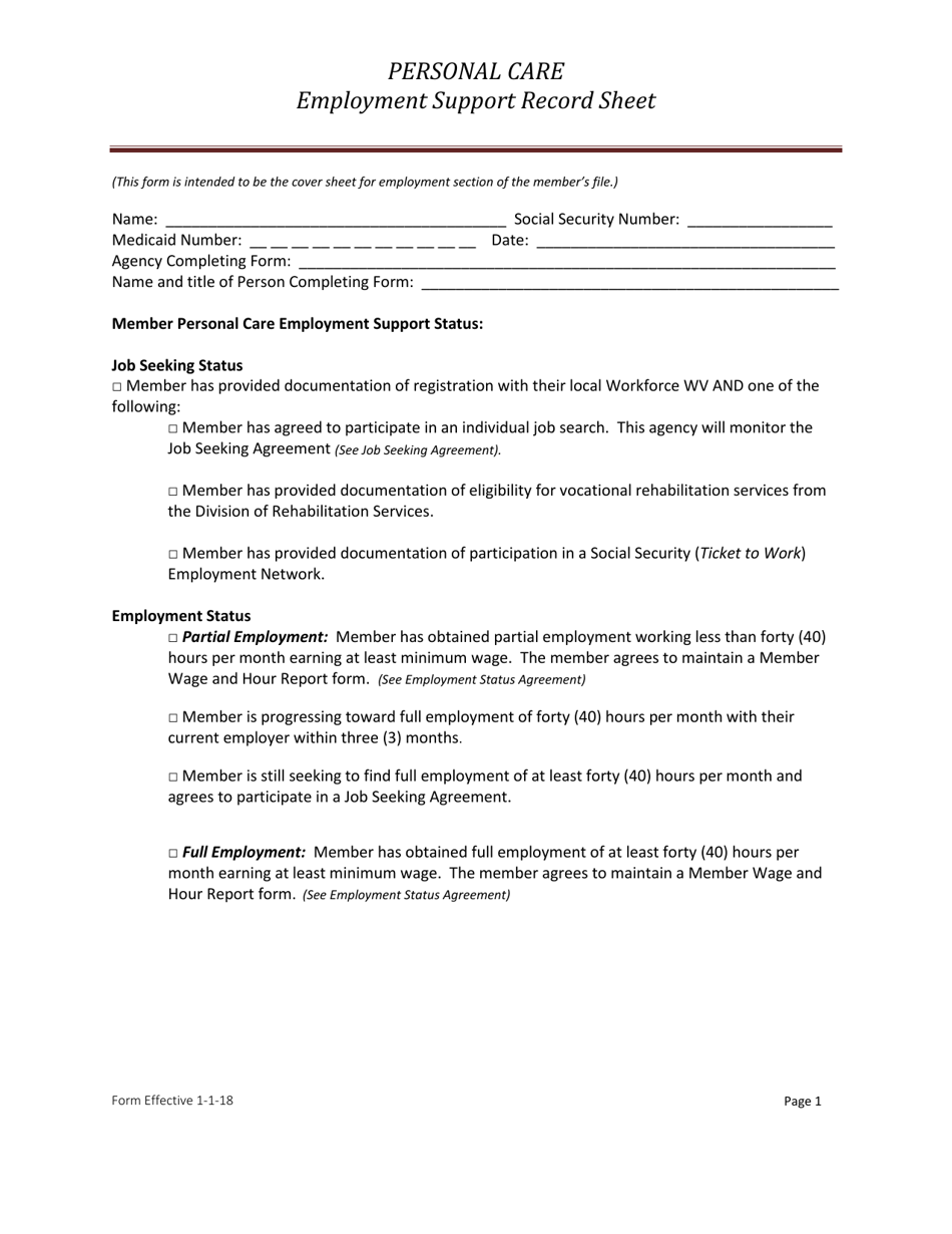 Personal Care Employment Support Record Sheet - West Virginia, Page 1
