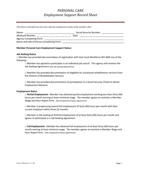 Personal Care Employment Support Record Sheet - West Virginia Download Pdf
