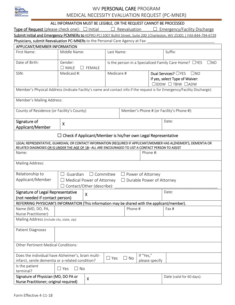 Medical Necessity Evaluation Request (Pc-mner) - Personal Care Program - West Virginia, Page 1