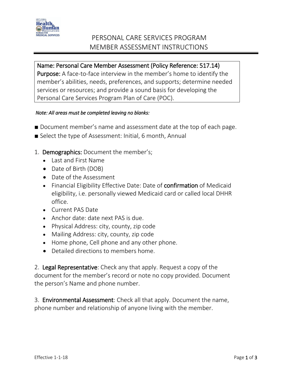 Instructions for Member Assessment Form - Personal Care Services Program - West Virginia, Page 1