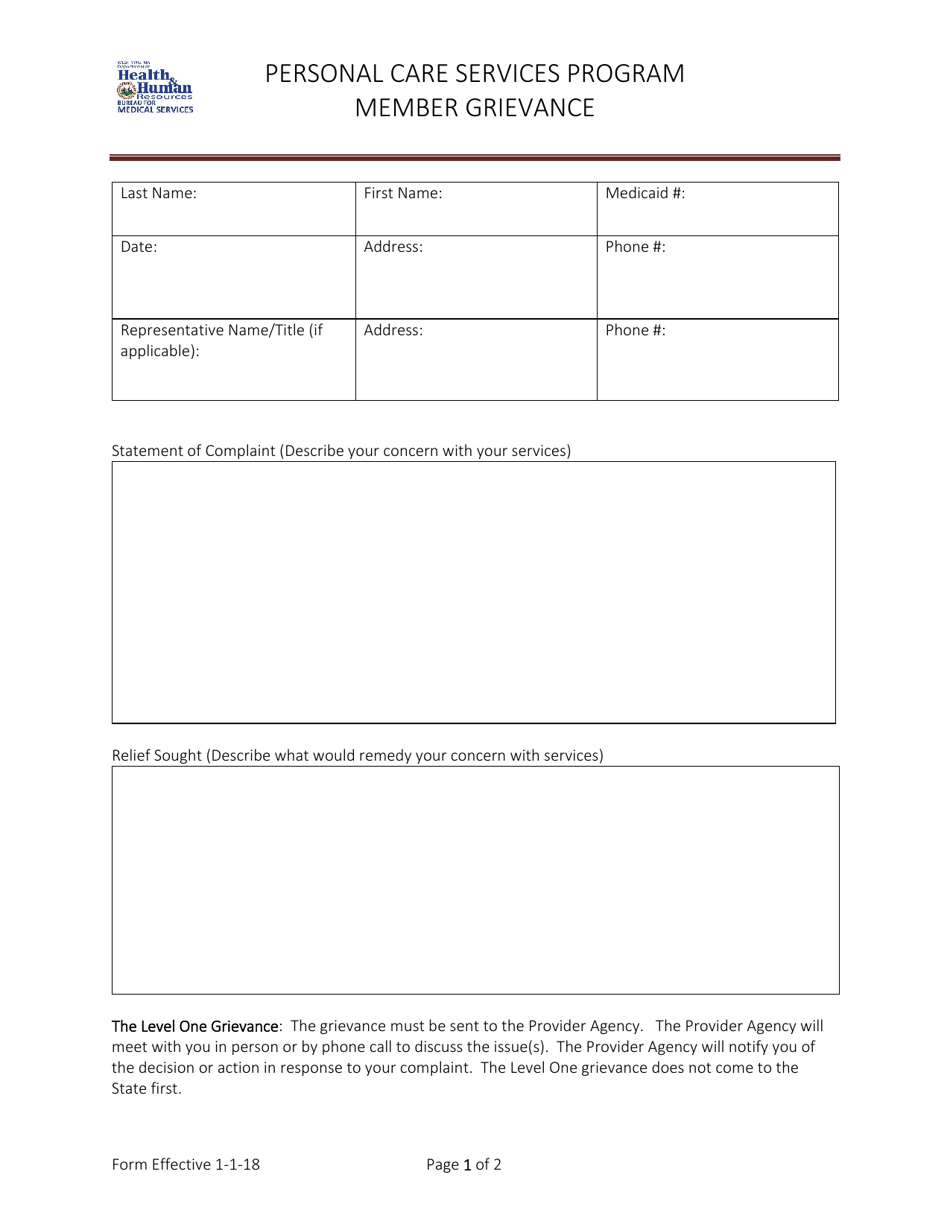 Member Grievance Form - Personal Care Services Program - West Virginia, Page 1