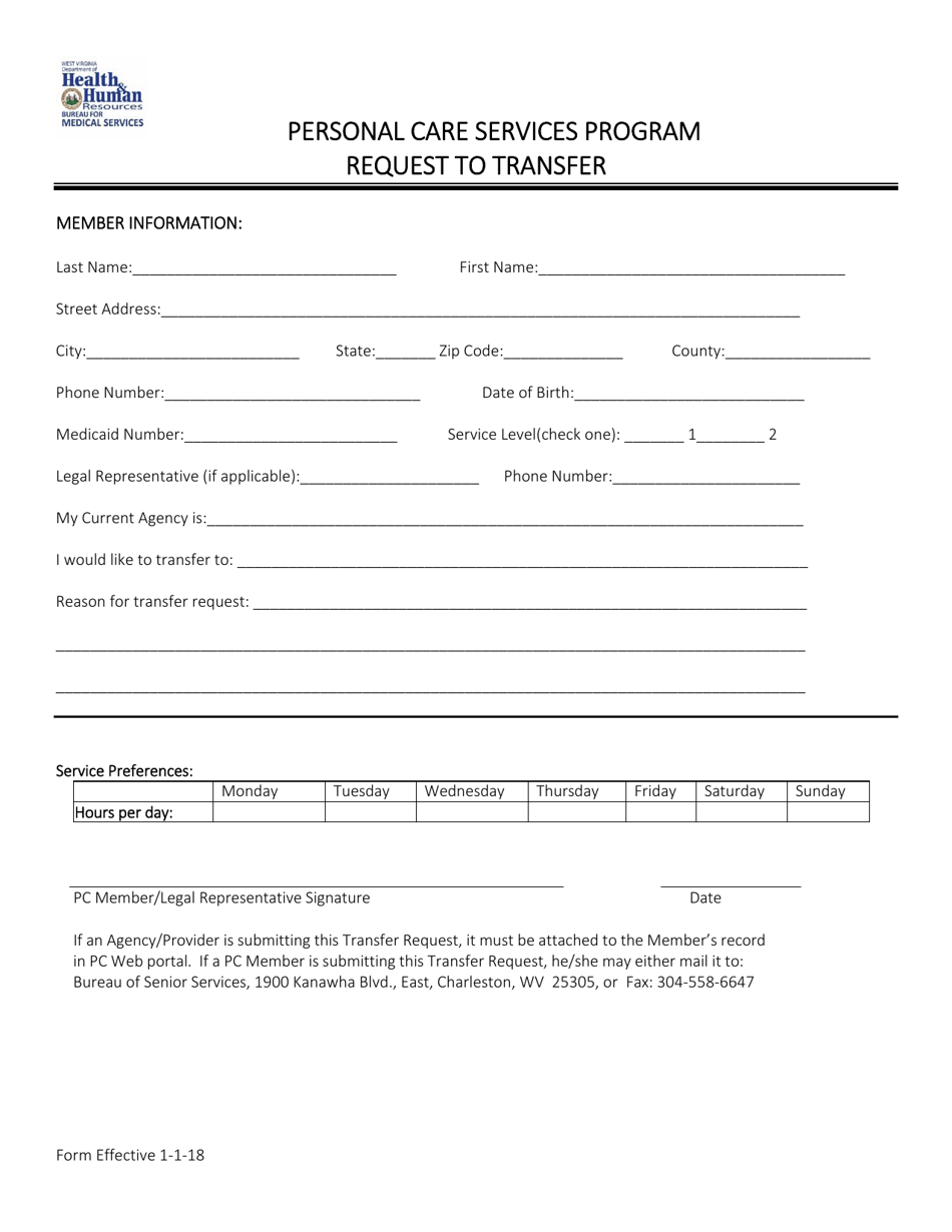 Request to Transfer Form - Personal Care Services Program - West Virginia, Page 1