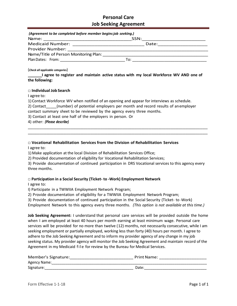 Personal Care Job Seeking Agreement - West Virginia, Page 1