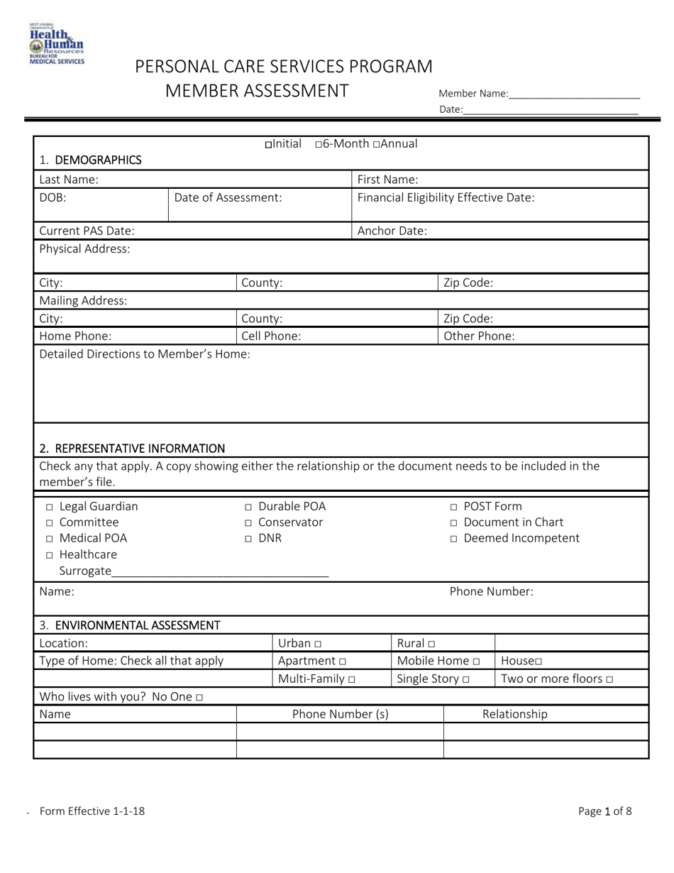 Member Assessment - Personal Care Services Program - West Virginia, Page 1