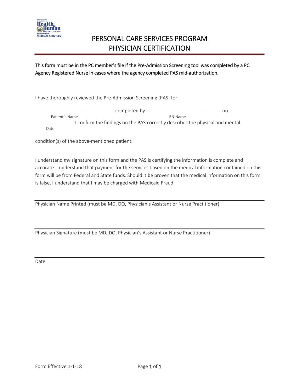 Physician Certification - Personal Care Services Program - West Virginia, Page 1