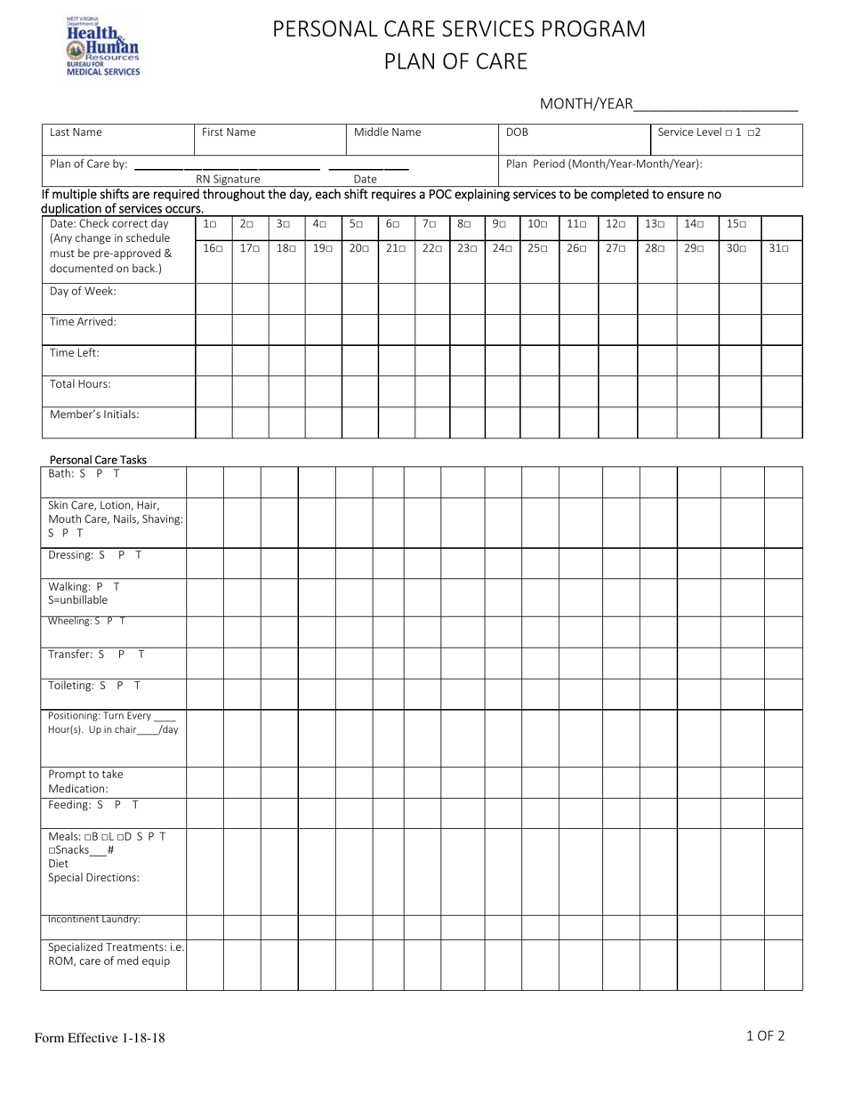 Plan of Care - Personal Care Services Program - West Virginia, Page 1