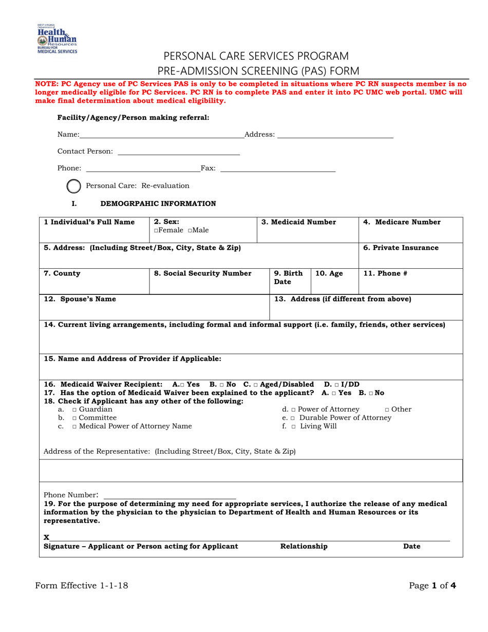Pre-admission Screening (Pas) Form - Personal Care Services Program - West Virginia, Page 1