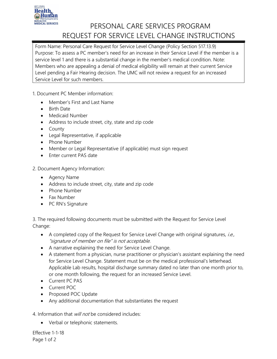 Instructions for Request for Service Level Change - Personal Care Services Program - West Virginia, Page 1
