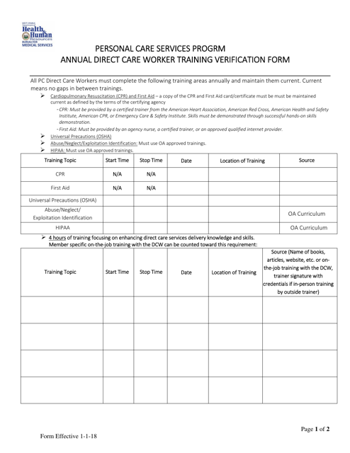 Annual Direct Care Worker Training Verification Form - Personal Care Services Program - West Virginia