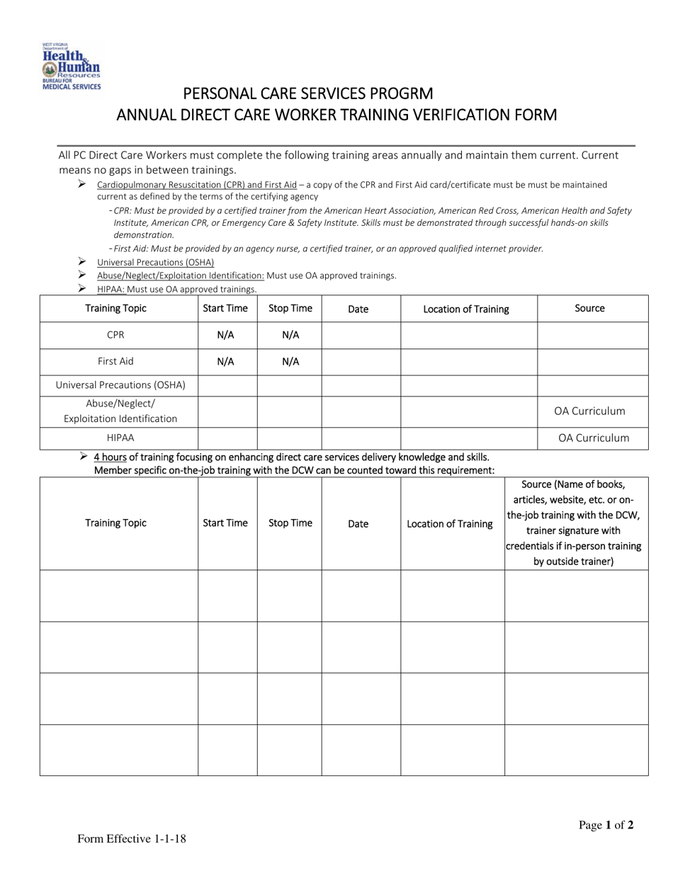 Annual Direct Care Worker Training Verification Form - Personal Care Services Program - West Virginia, Page 1