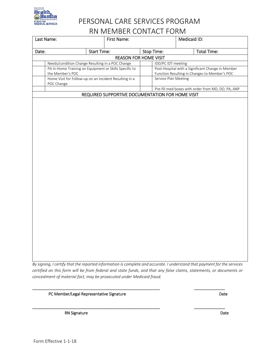 Rn Member Contact Form - Personal Care Services Program - West Virginia, Page 1