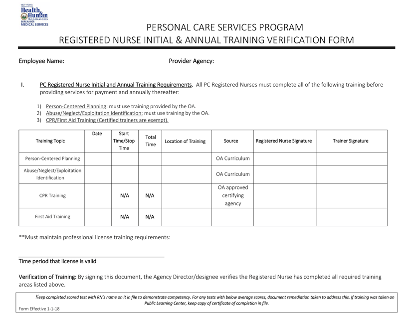 Registered Nurse Initial & Annual Training Verification Form - Personal Care Services Program - West Virginia Download Pdf