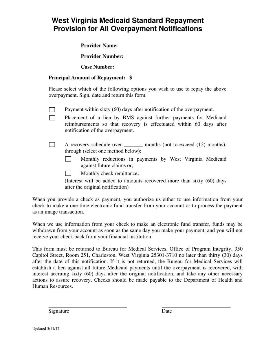 West Virginia Medicaid Standard Repayment Provision for All Overpayment Notifications - West Virginia, Page 1