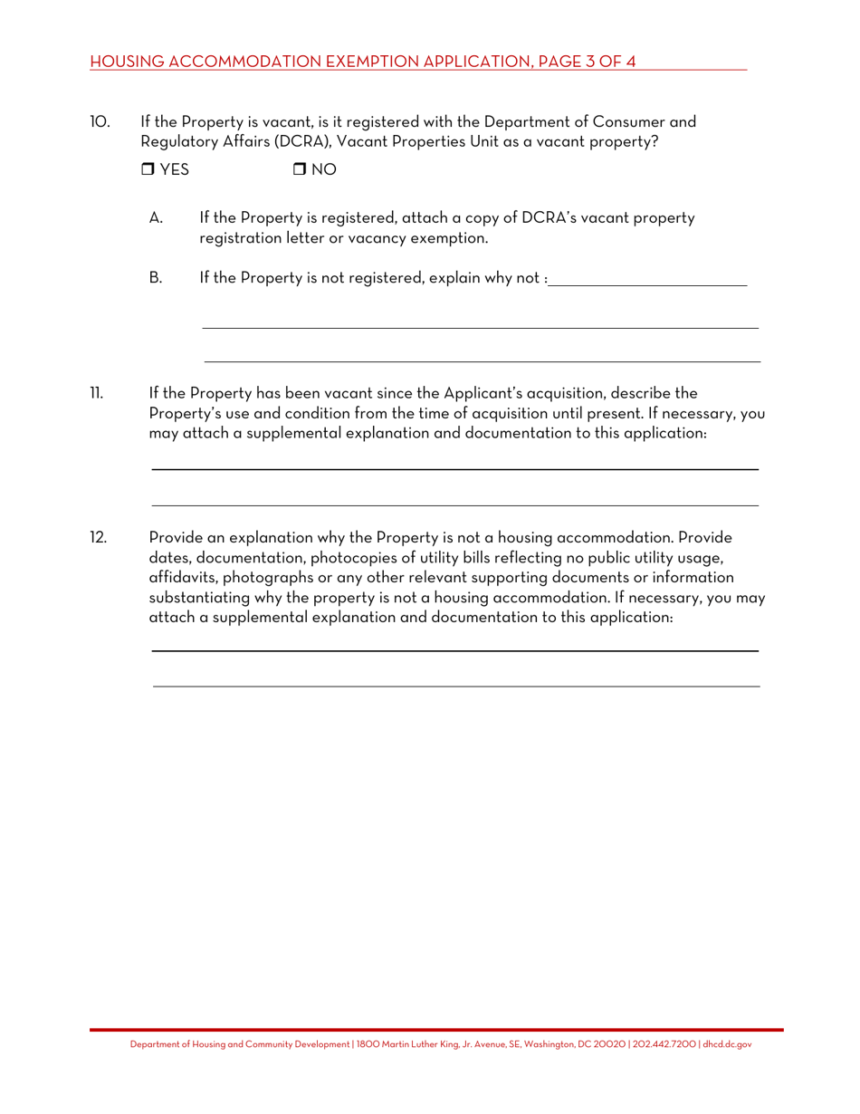 Washington, D.C. Not A Housing Accommodation Exemption Application For ...