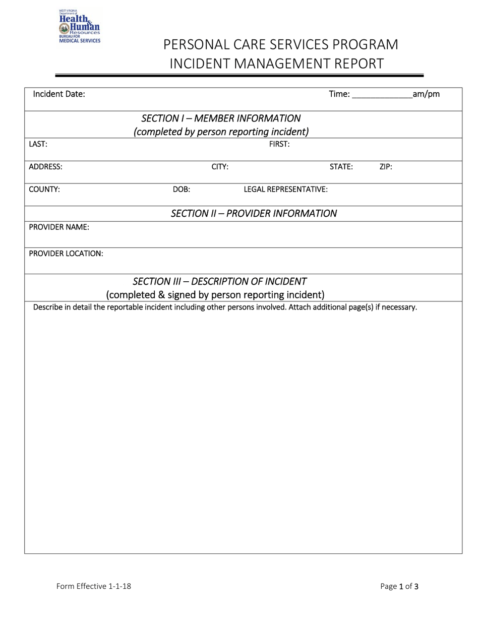 Incident Management Report - Personal Care Services Program - West Virginia, Page 1