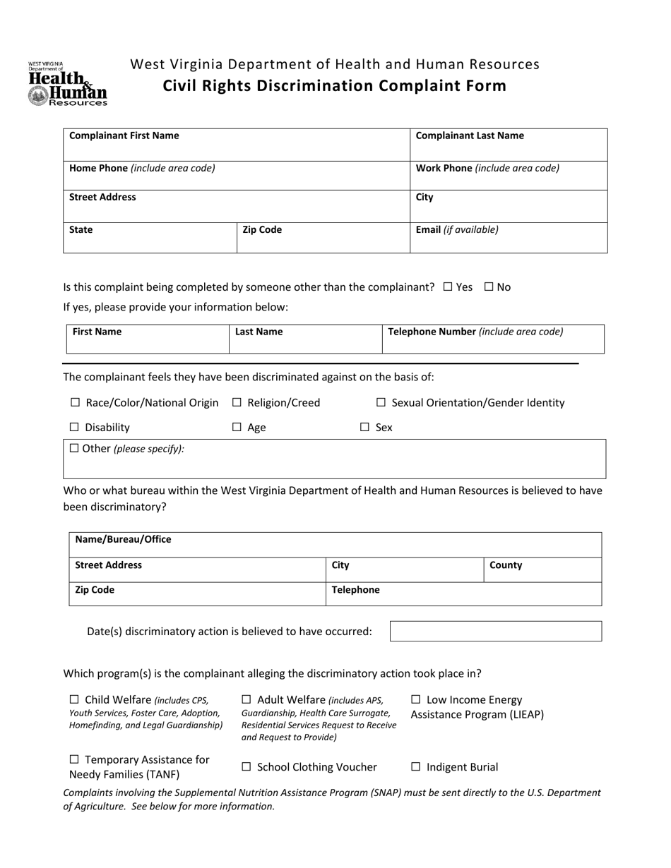 Form IG-CR-3 Civil Rights Discrimination Complaint Form - West Virginia, Page 1