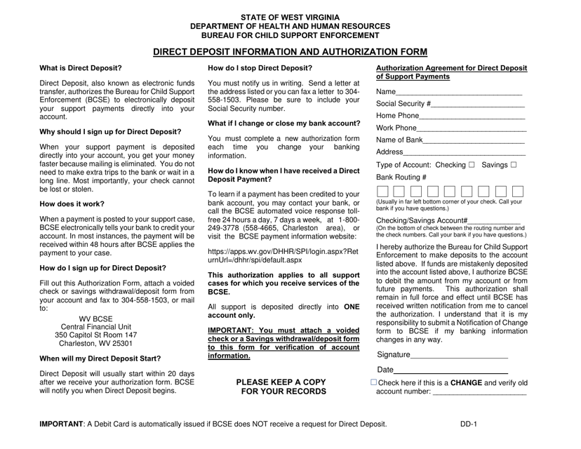 Form DD-1 Direct Deposit Information and Authorization Form - West Virginia