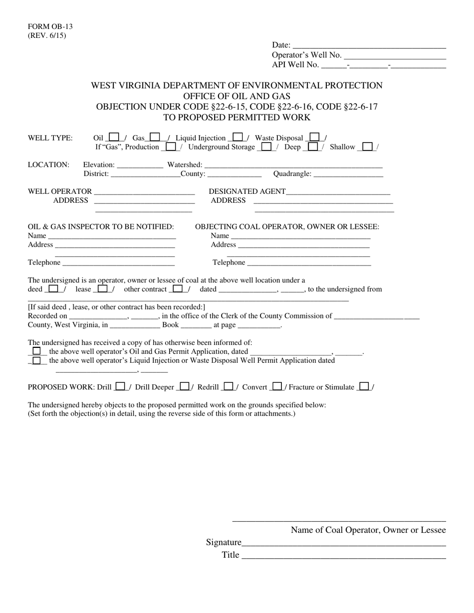 Form OB-13 Objection Under Code #22-6-15, Code #22-6-16, Code #22-6-17 to Proposed Permitted Work - West Virginia, Page 1