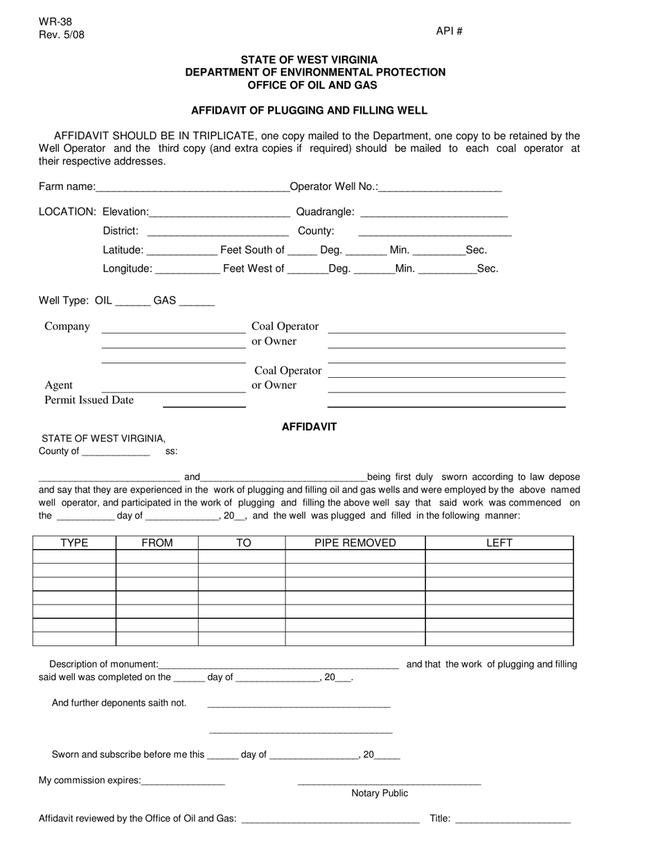 Form WR-38 Affidavit of Plugging and Filling Well - West Virginia, Page 1