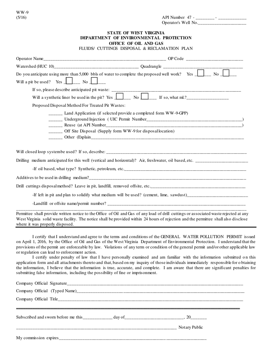 Form WW-9 Fluids / Cuttings Disposal  Reclamation Plan - West Virginia, Page 1