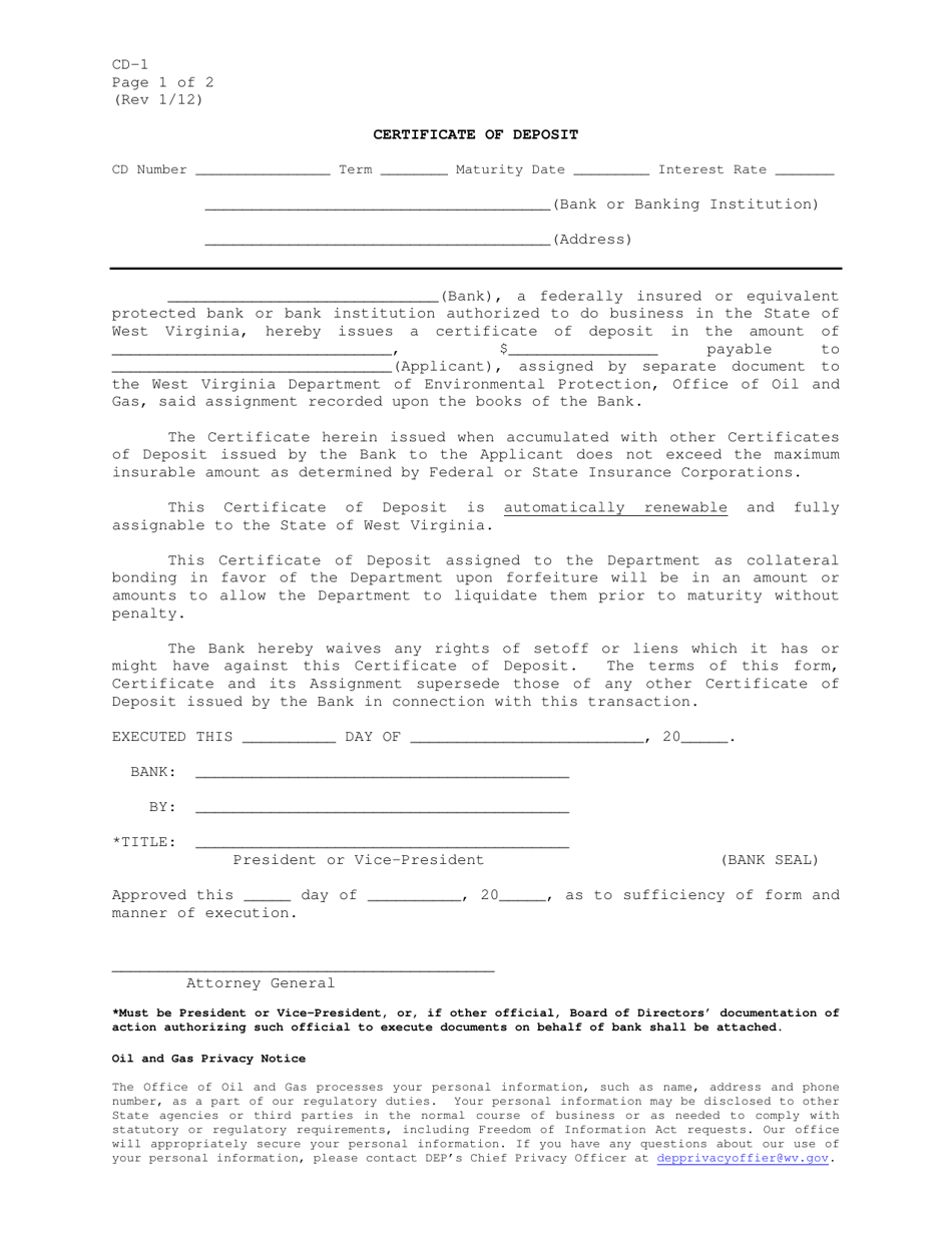 Form CD-1 Certificate of Deposit - West Virginia, Page 1