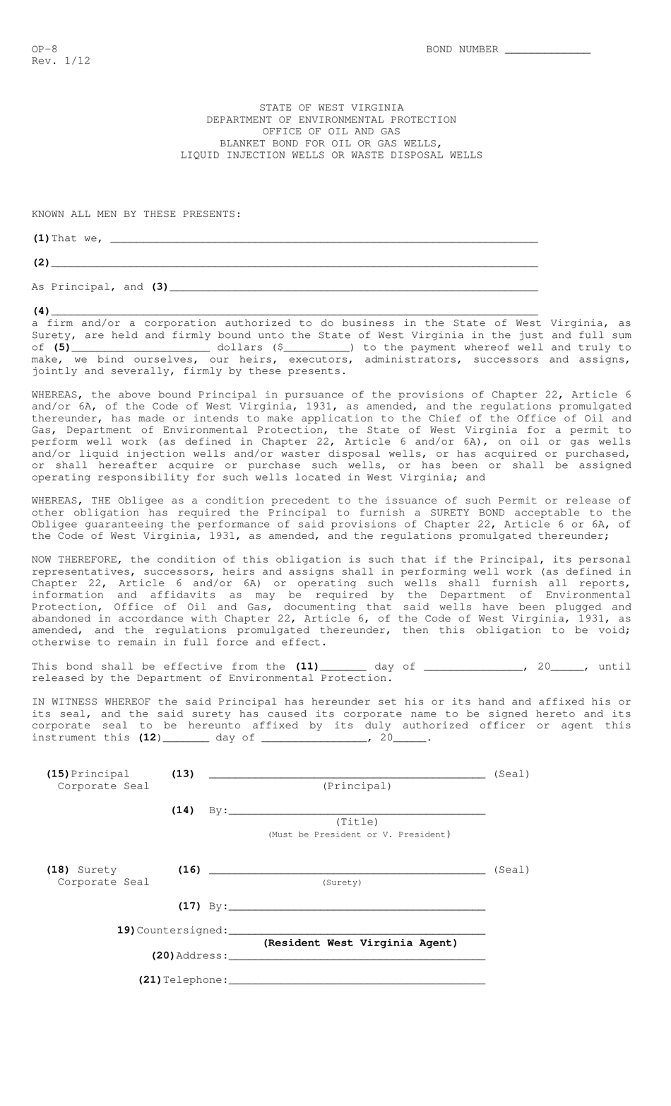 Form OP-8 Blanket Bond for Oil or Gas Wells, Liquid Injection Wells or Waste Disposal Wells - West Virginia, Page 1