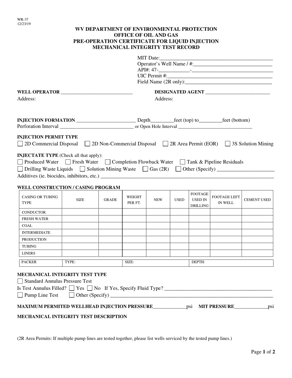 Form WR-37 Pre-operation Certificate for Liquid Injection Mechanical Integrity Test Record - West Virginia, Page 1