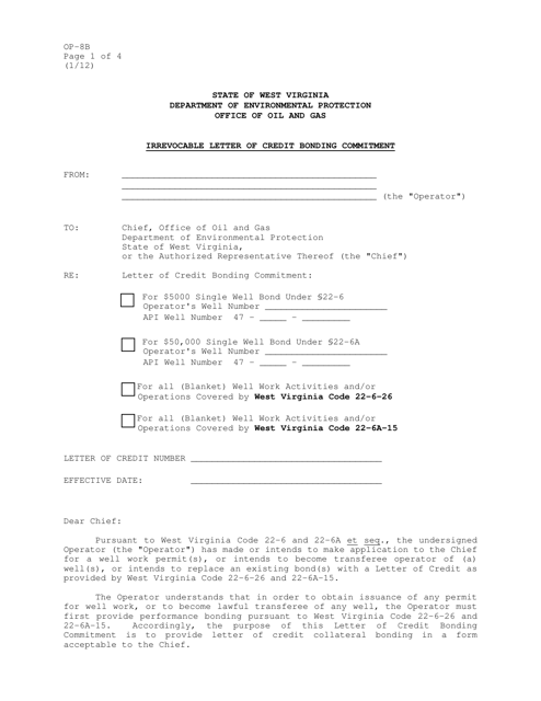 Form OP-8B Irrevocable Letter of Credit Bonding Commitment - West Virginia