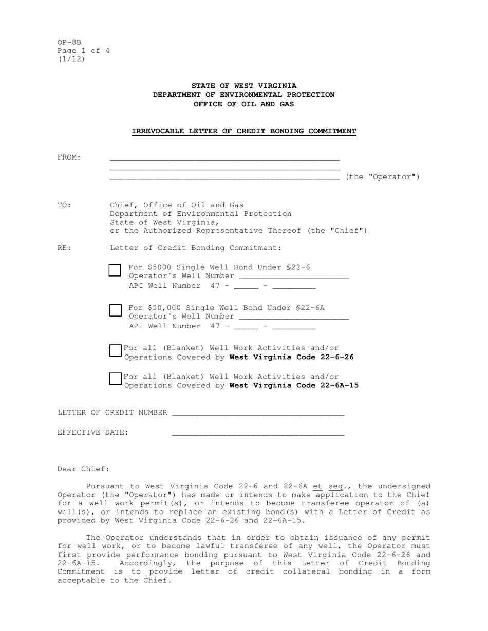 Form OP-8B Irrevocable Letter of Credit Bonding Commitment - West Virginia, Page 1