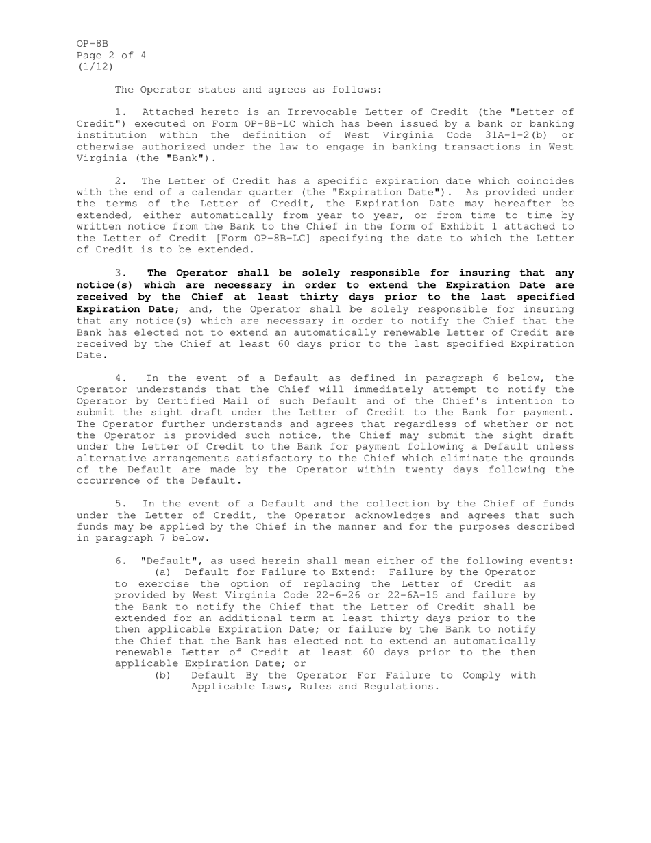 Form OP-8B Irrevocable Letter of Credit Bonding Commitment - West Virginia, Page 2