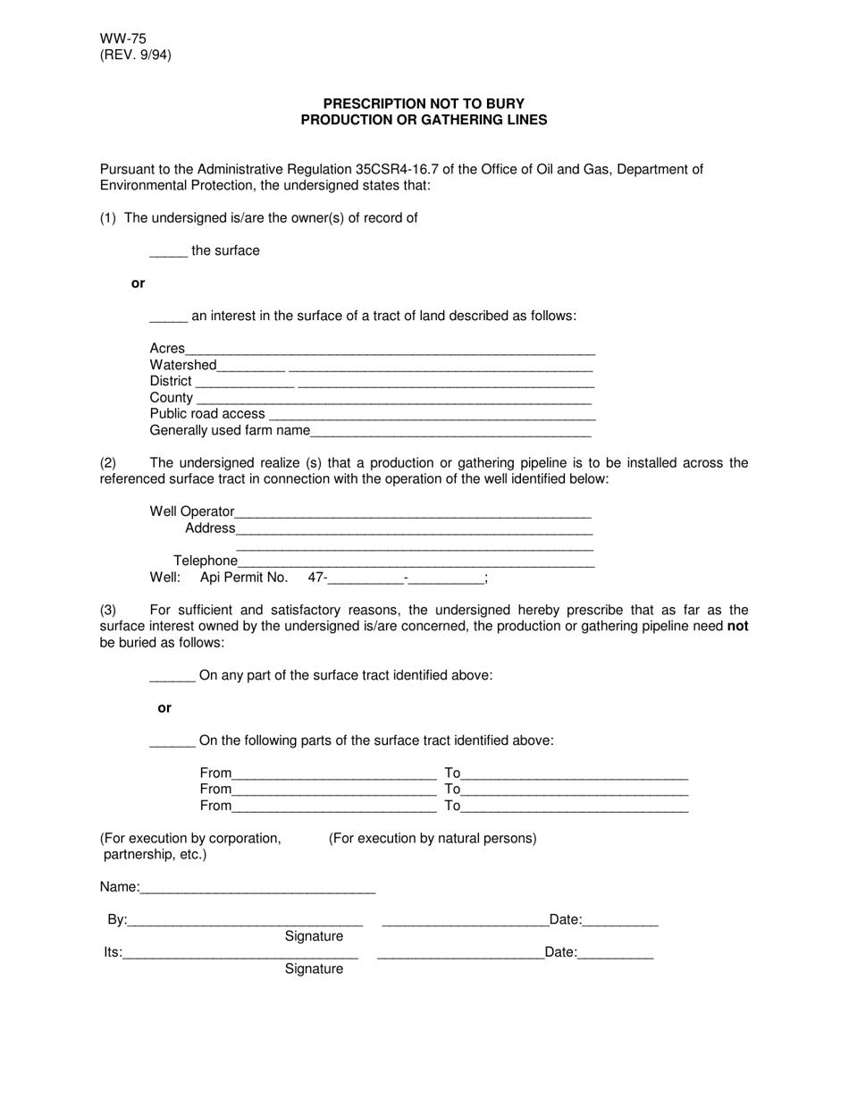 Form WW-75 Prescription Not to Bury Production or Gathering Lines - West Virginia, Page 1