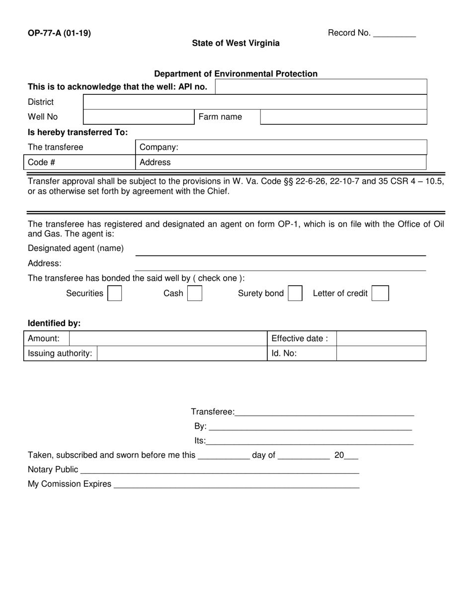Form OP-77A Transfer From Unknown Operator - West Virginia, Page 1
