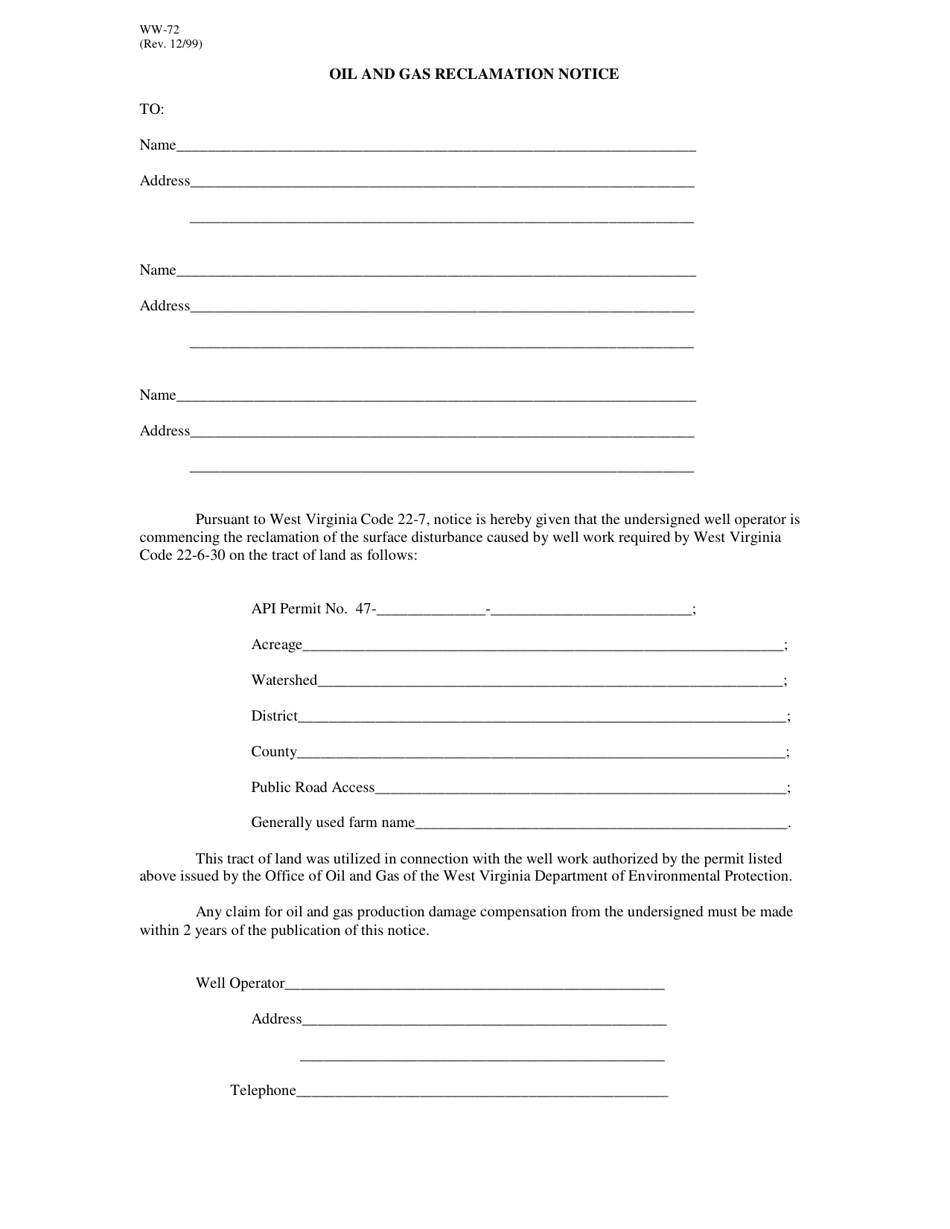 Form WW-72 - Fill Out, Sign Online and Download Fillable PDF, West ...