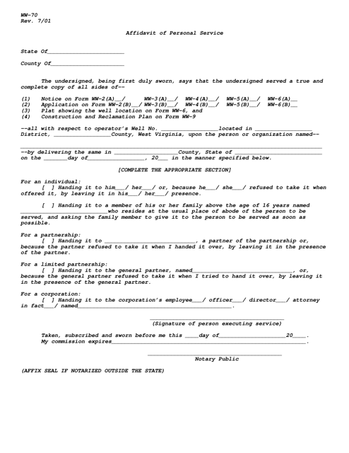Form WW-70 Affidavit of Personal Service - West Virginia