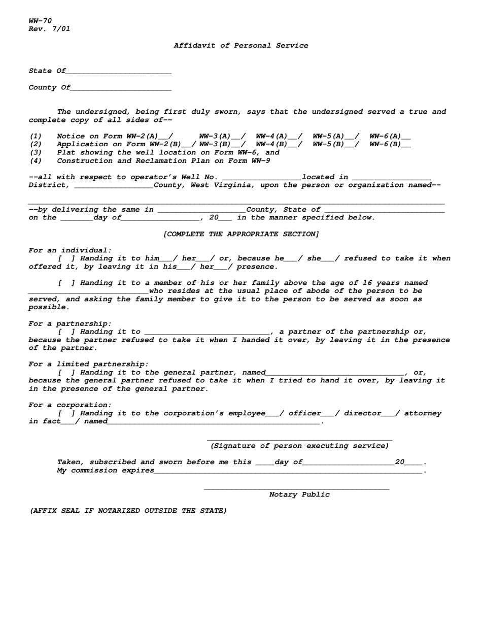 Form WW-70 Affidavit of Personal Service - West Virginia, Page 1