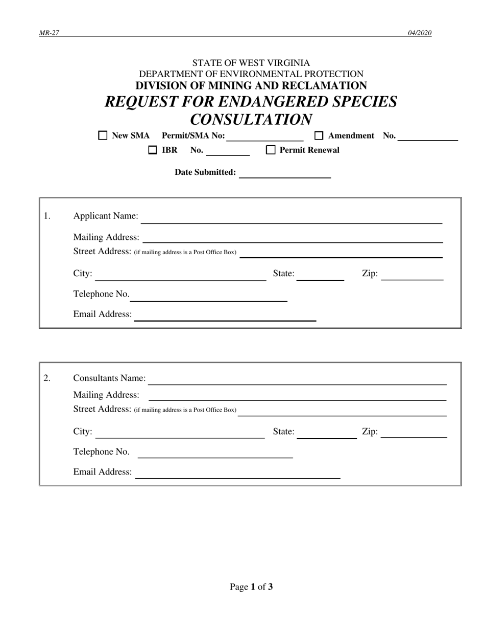 Form MR-27 Request for Endangered Species Consultation - West Virginia, Page 1