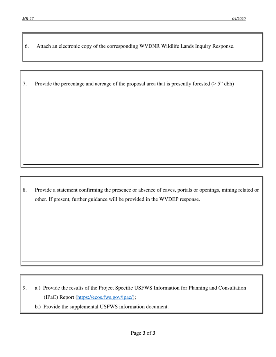 Form MR-27 Request for Endangered Species Consultation - West Virginia, Page 3